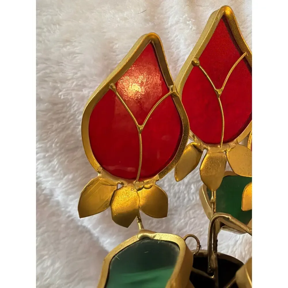 Rare Vintage Stained Glass Style Red Tulip Flower Vase Gold Tone Decor